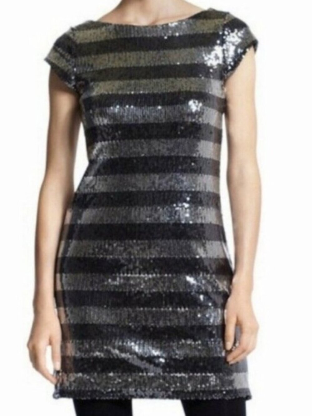 White House Black Market Striped Sequin Mini Dress Silver Black XL 16